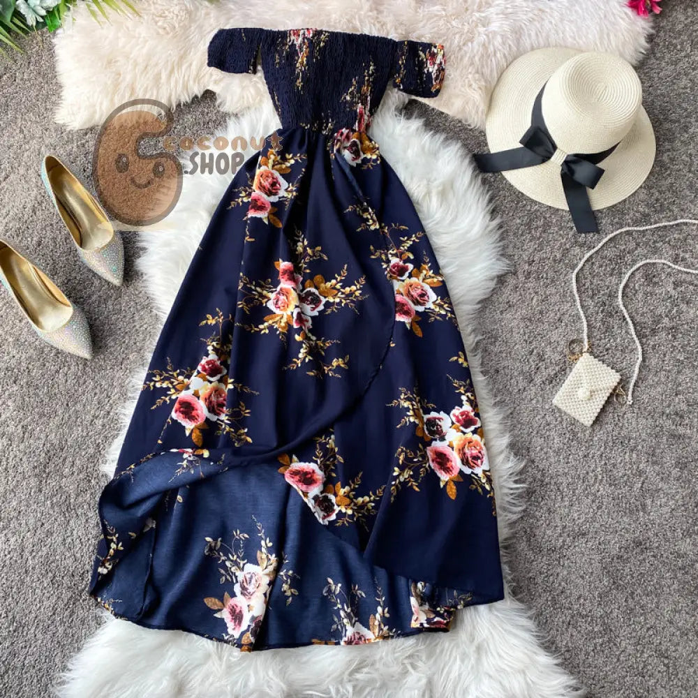 Beautiful Bohemian Floral Long Dress - Dark Blue