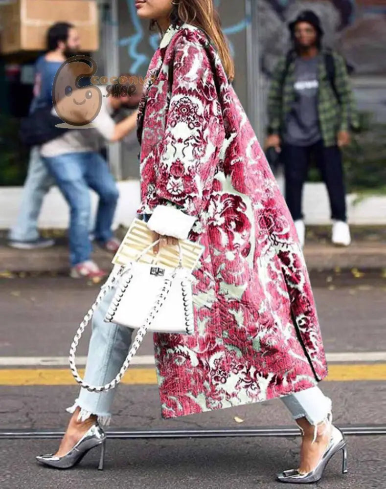 Beautiful Long Sleeve Lapel Printed Woolen Coat - Red Print Flower / S