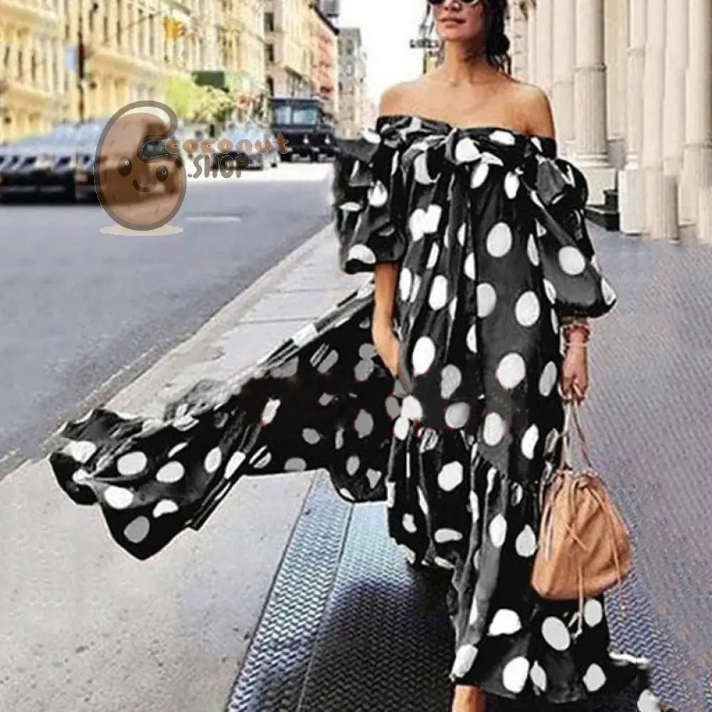 Boho Off Shoulder Polka Dot Casual Maxi Dress - black / S