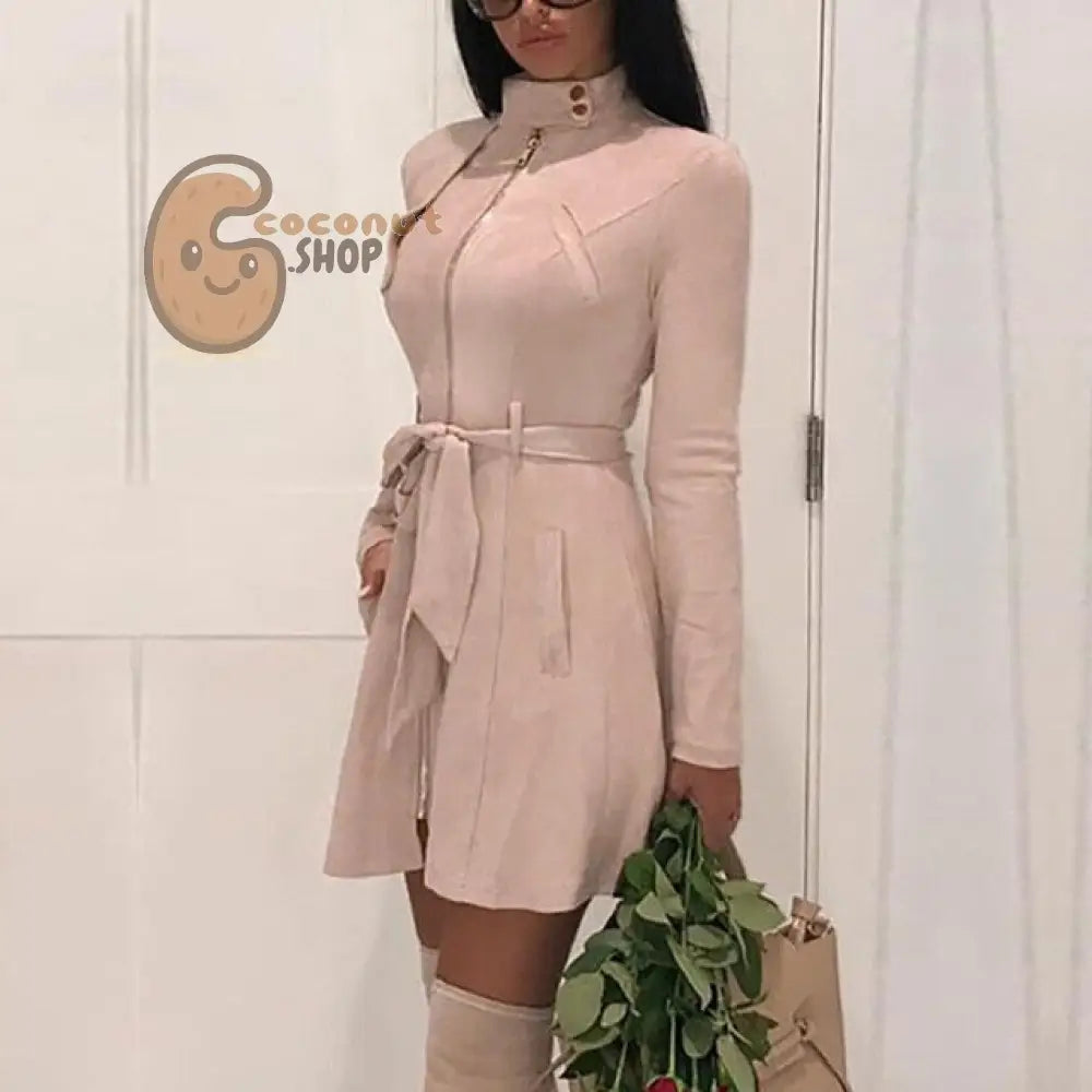 Casual Sash Suede Trench Coat Casual Leather Pocket Long Overcoat - Pink / S