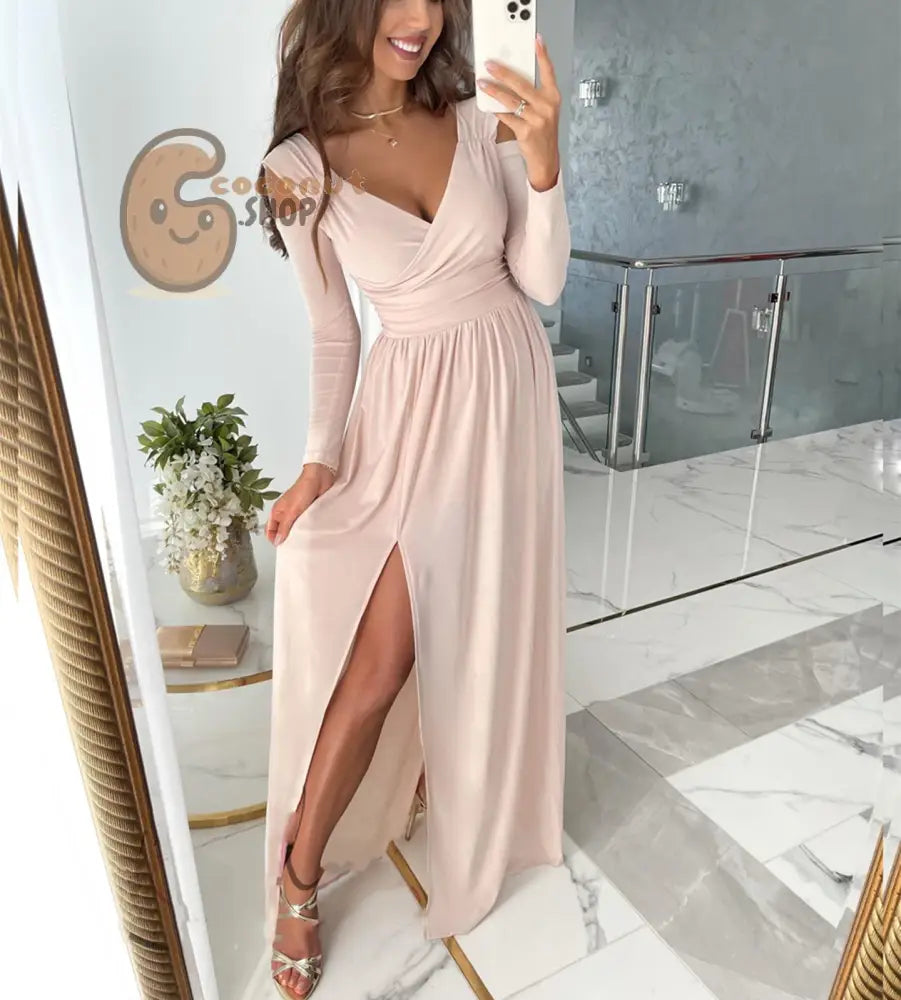 Chic Sophistication: V-Neck Long-Sleeved Off-The-Shoulder Dress with Sexy Slit Detail - Light Pink / S