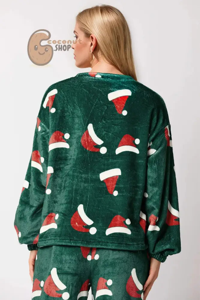 Christmas Hat Pattern Round Neck Long Sleeve Top and Pants Set
