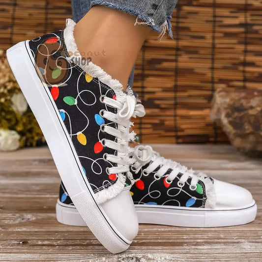 Christmas Lights Raw Hem Printed Sneakers