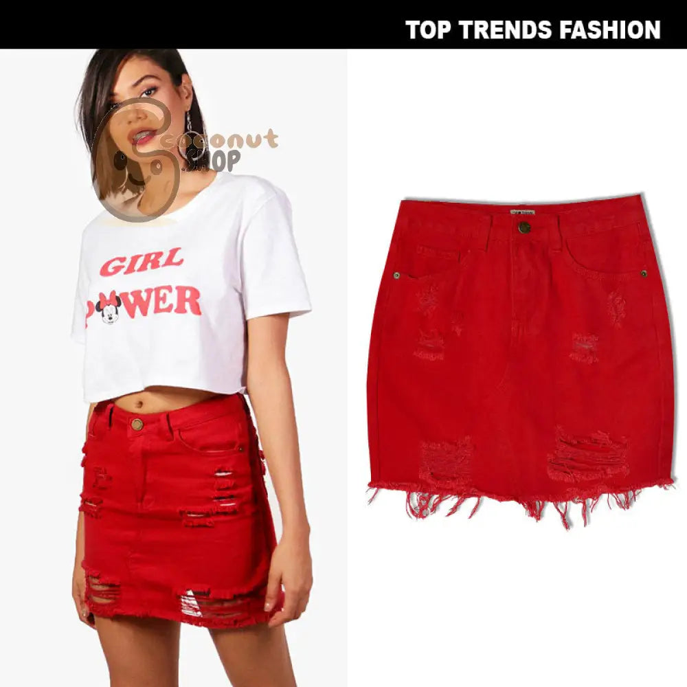 High Waist Denim Skirt: Big Red Irregular Holes
