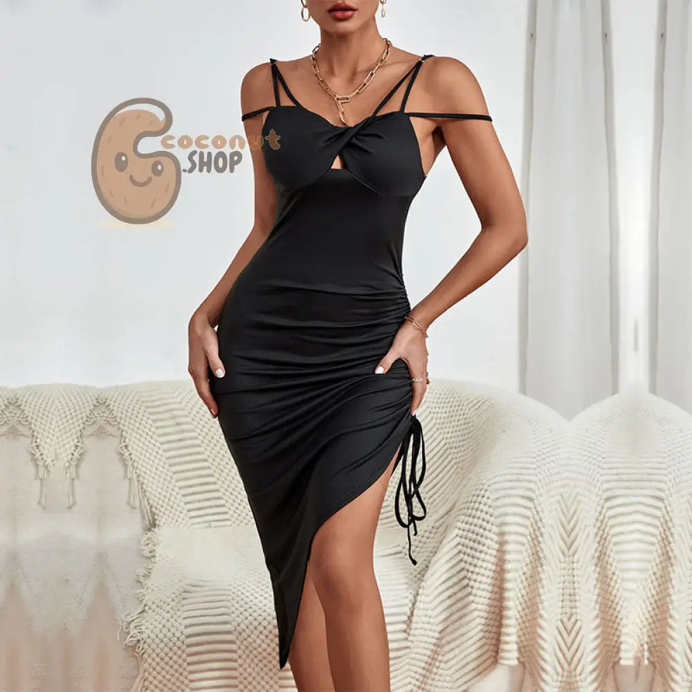 Pretty Girl Sexy Outfit Solid Color Tight Fitting Irregular Suspender Dress