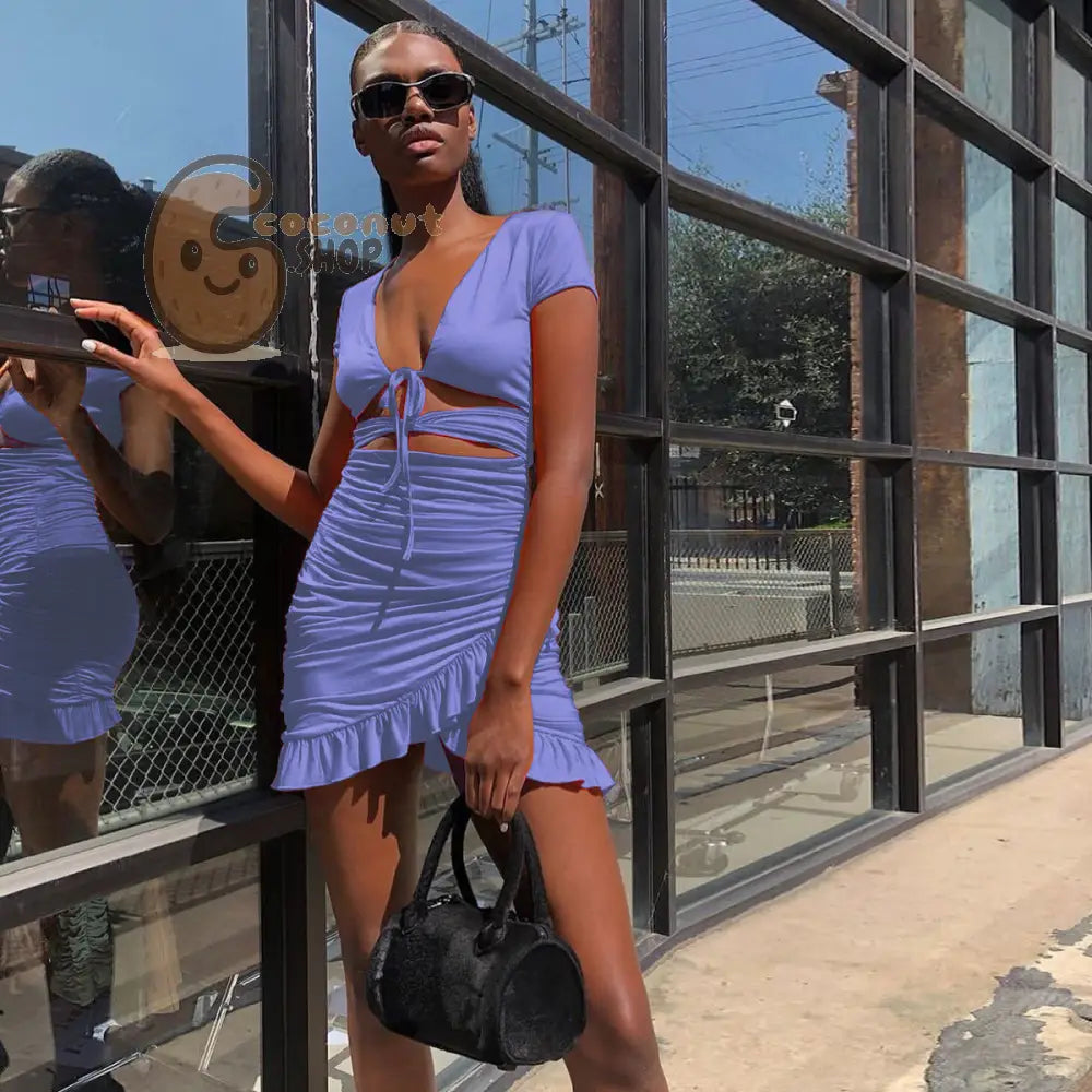 Seductive Sophistication: Embrace the Women’s Deep V-Neck Hollow Ruffled Hip Sexy Dress with Alluring Waist Cutout!