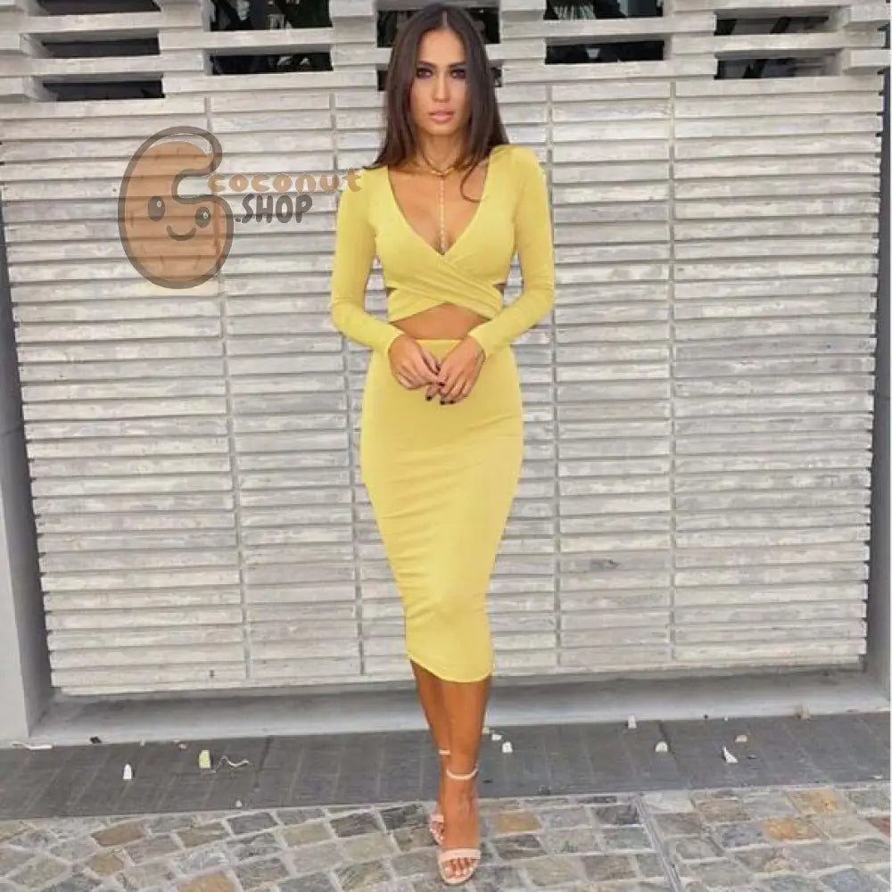 Sexy Cut-Out Long Sleeve Bandage Bodycon Mini Dress - Yellow / S
