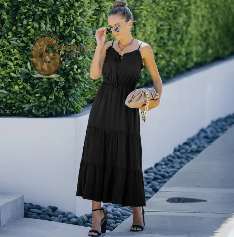 Sexy Solid Color Ruffled Long Dress - Black / S