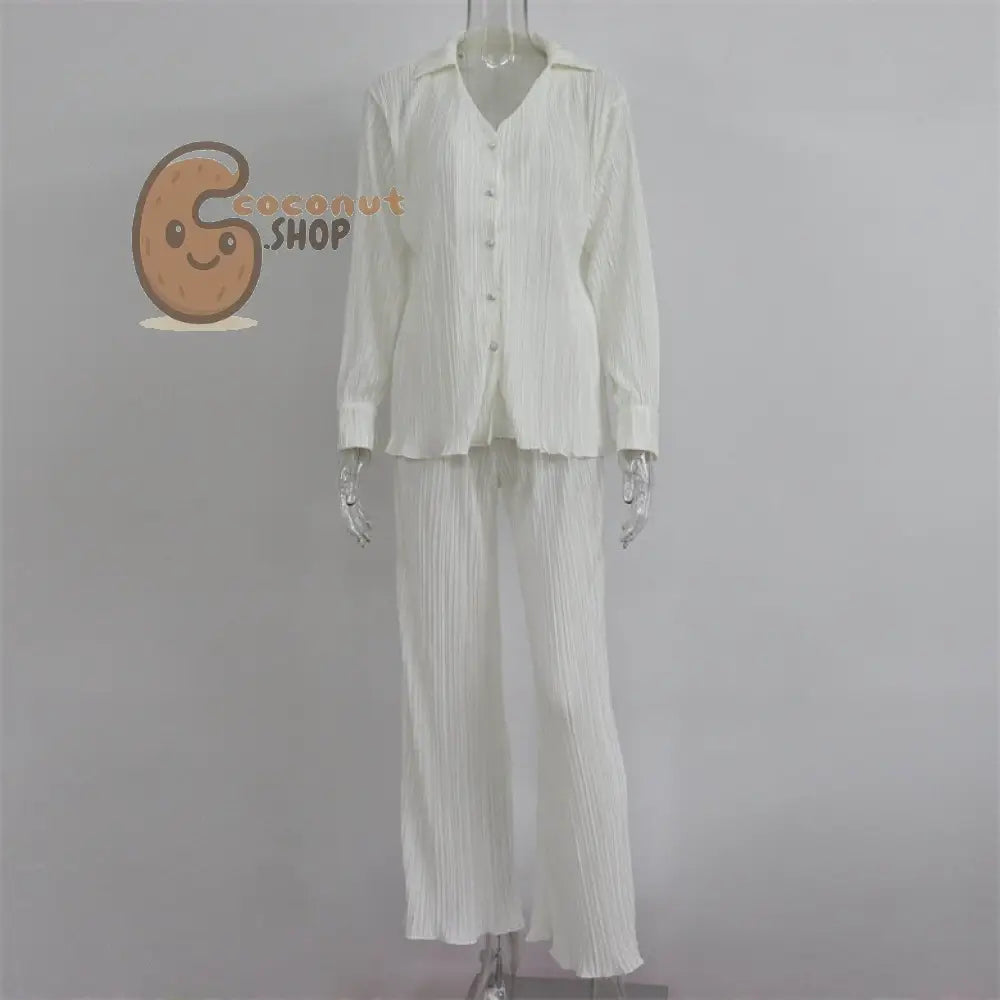 Sophisticated Pleated V-Neck Shirt and Casual Pants Two-Piece Set – Elegance Redefined - White / S