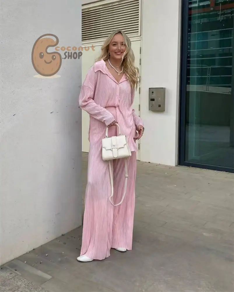 Spring Summer Pleated Shirt & Pants Set - pink / S