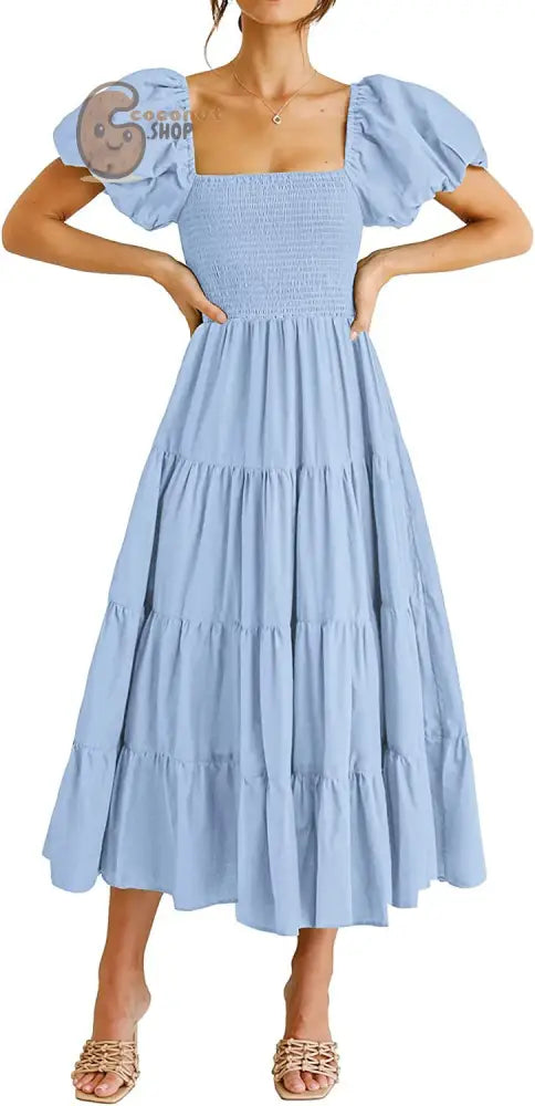 Vintage Slim Dresses Square Collar Puff Sleeve High Waist Folds Summer Dress - Blue / S
