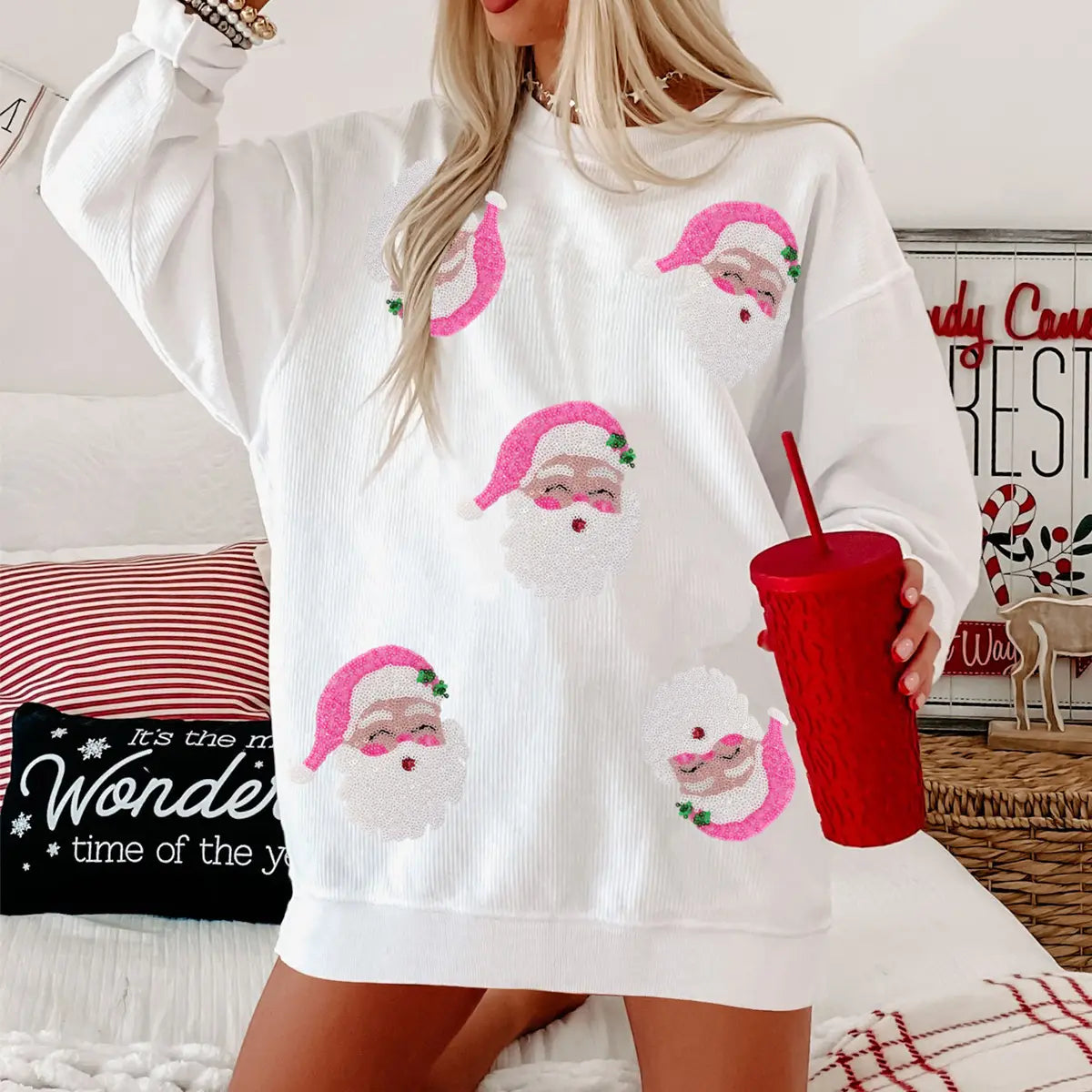 Pink Santa Faces Christmas Long Sleeve
