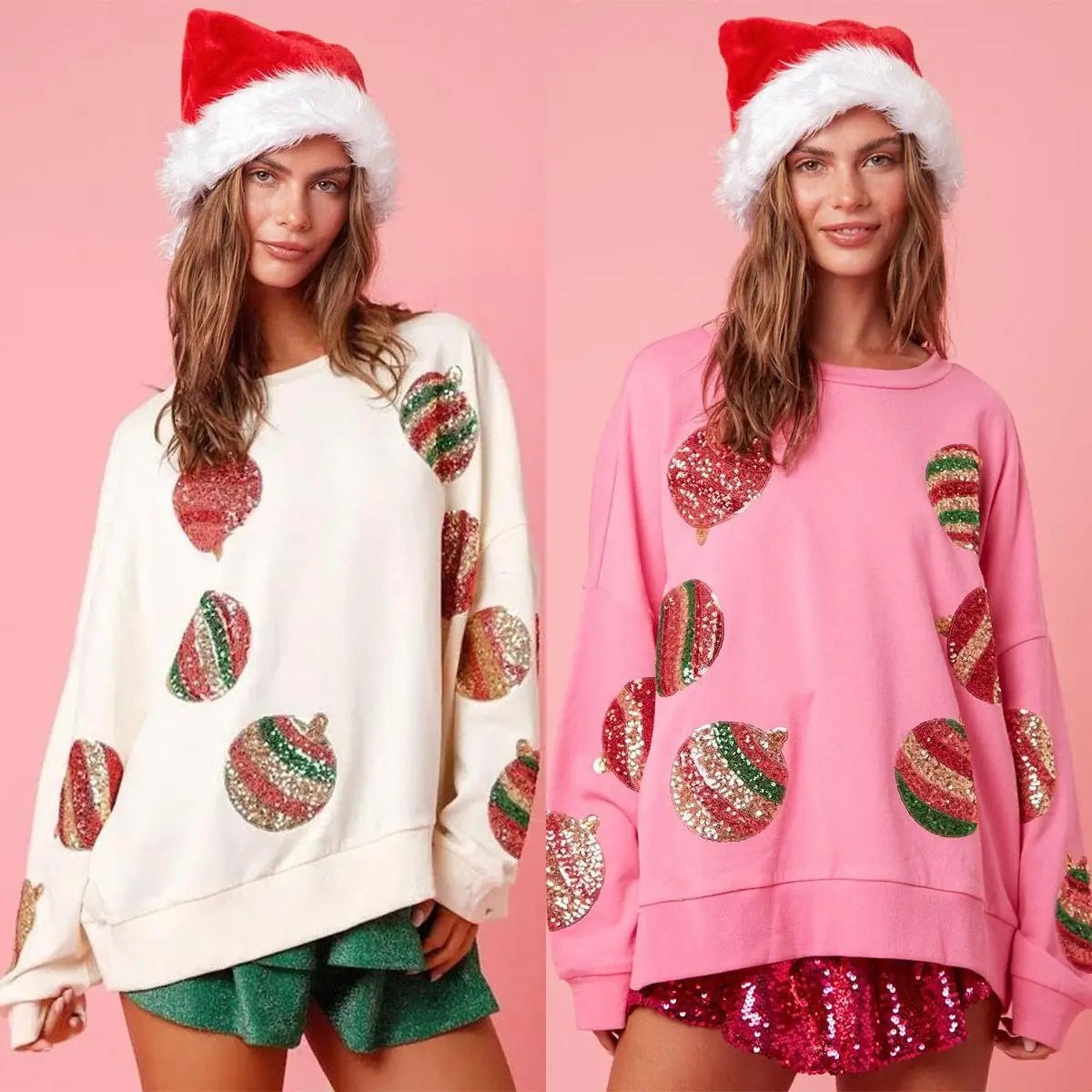 Pink Sequin Christmas Ornament Sweatshirt