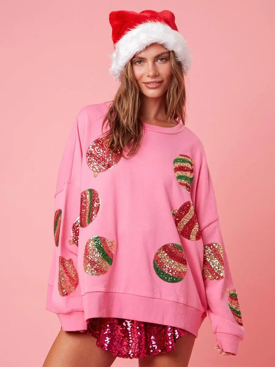 Pink Sequin Christmas Ornament Sweatshirt
