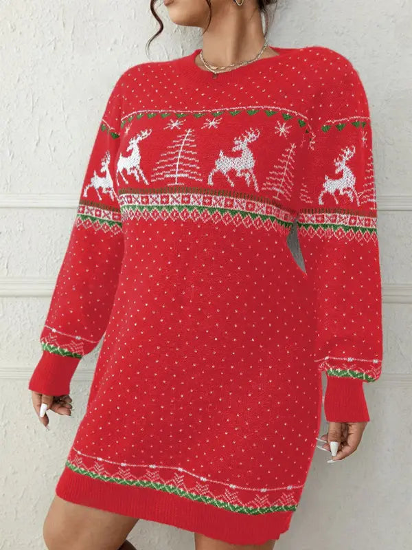 Christmas Snowflake Reindeer Knit Dress – Cozy Cute & Festively Chic
