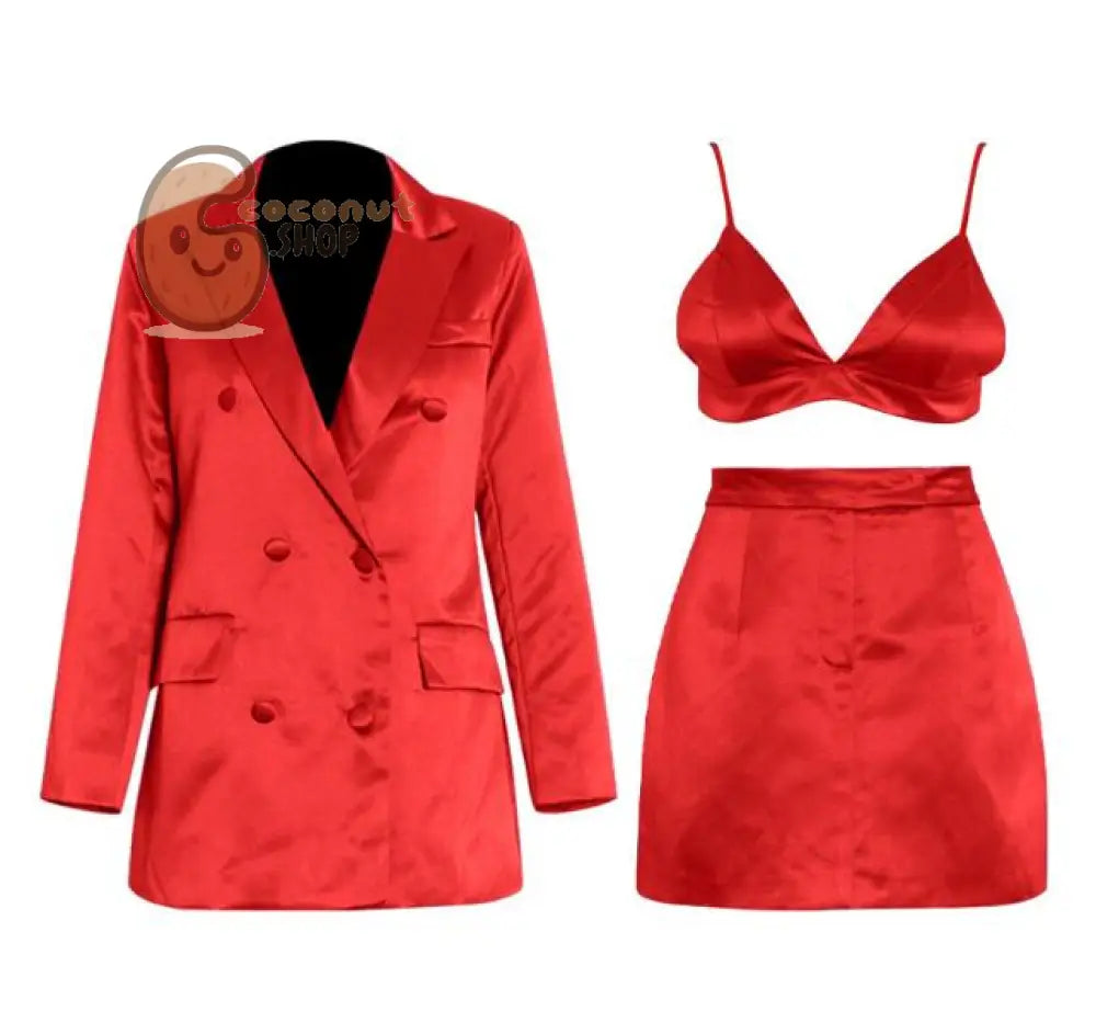 3Pieces Double Breasted Suit + Camisole + Short Hip Skirt Mature Lady Skirt Suit - Red / S