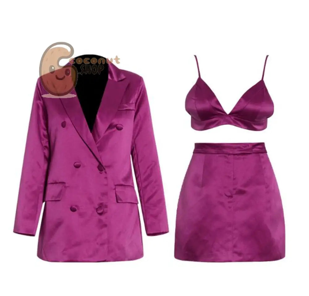3Pieces Double Breasted Suit + Camisole + Short Hip Skirt Mature Lady Skirt Suit - Rose Red / S
