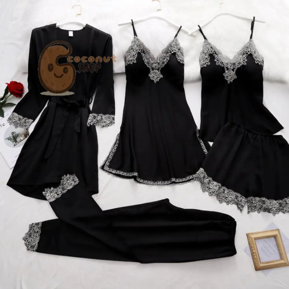 5 Pieces Set Women Pajamas Set - Black / M