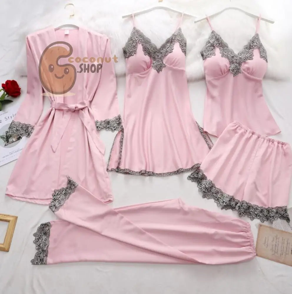 5 Pieces Set Women Pajamas Set - Pink / M