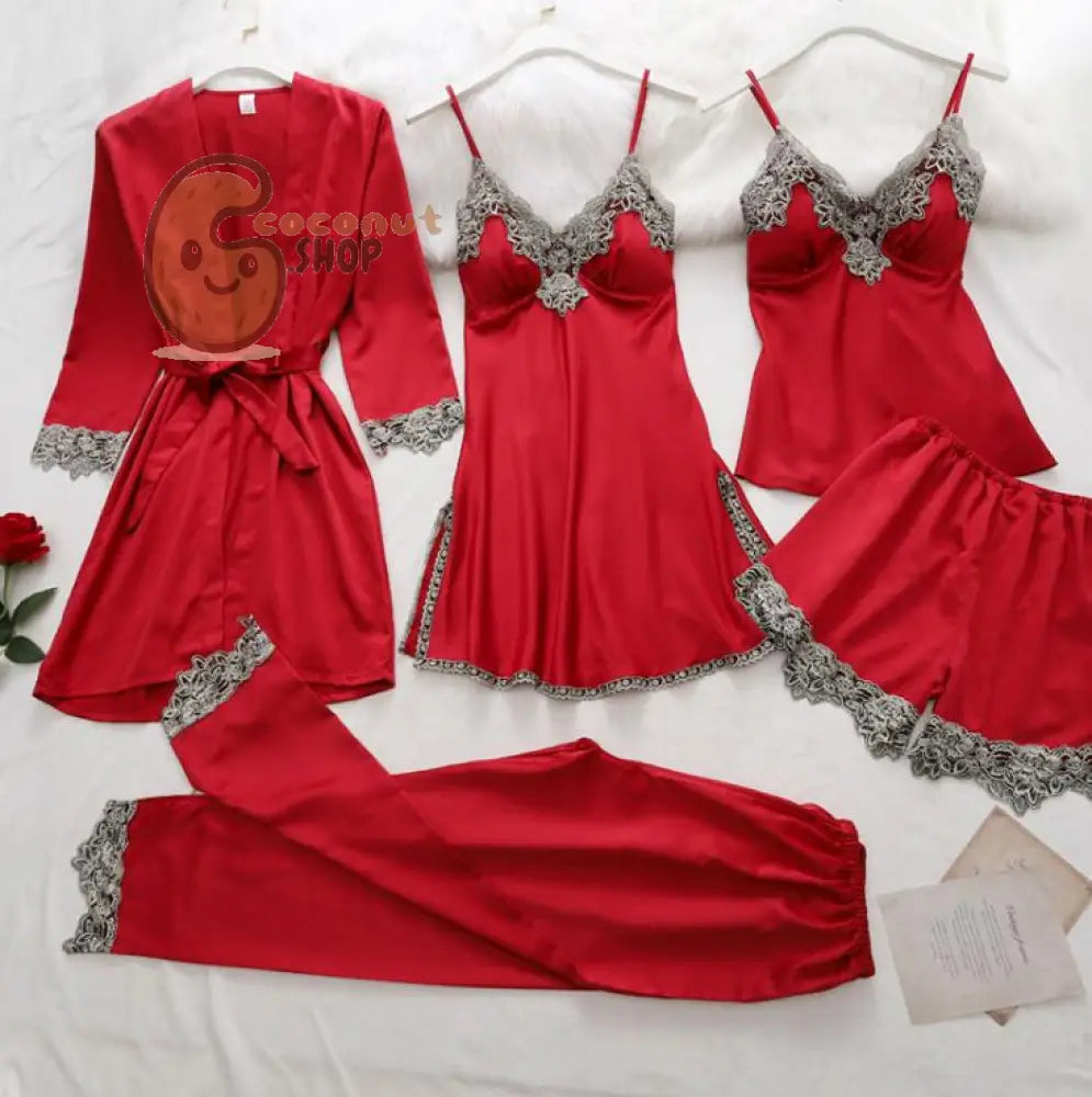 5 Pieces Set Women Pajamas Set - Red / M