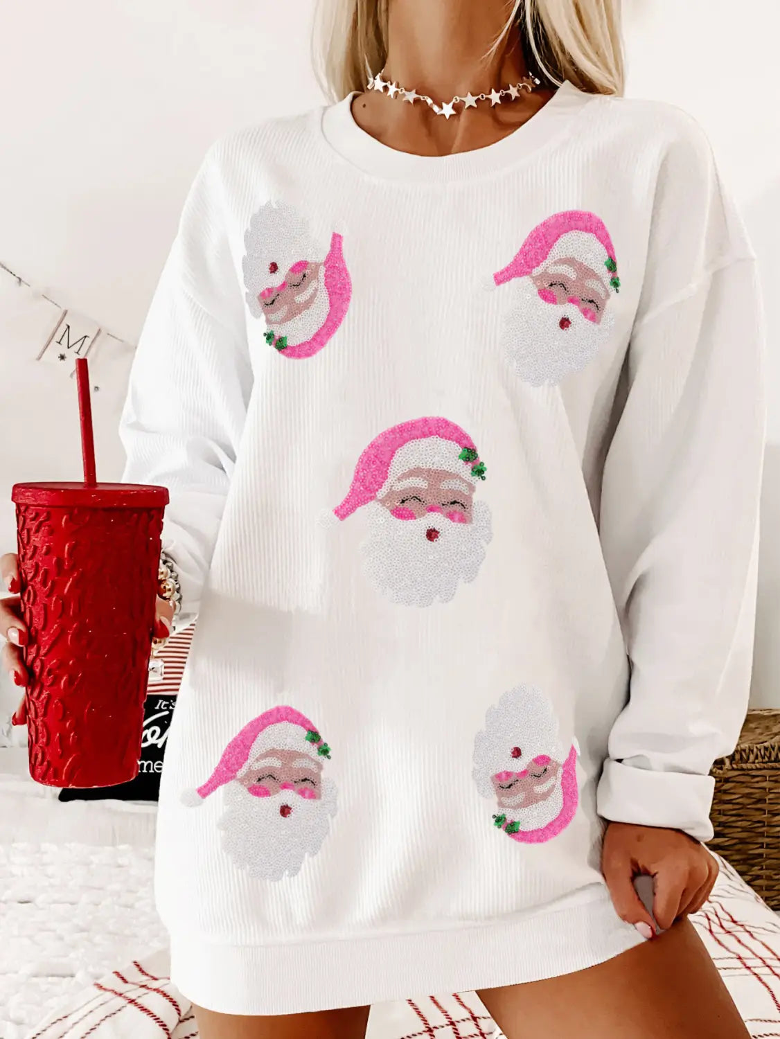 Pink Santa Faces Christmas Long Sleeve