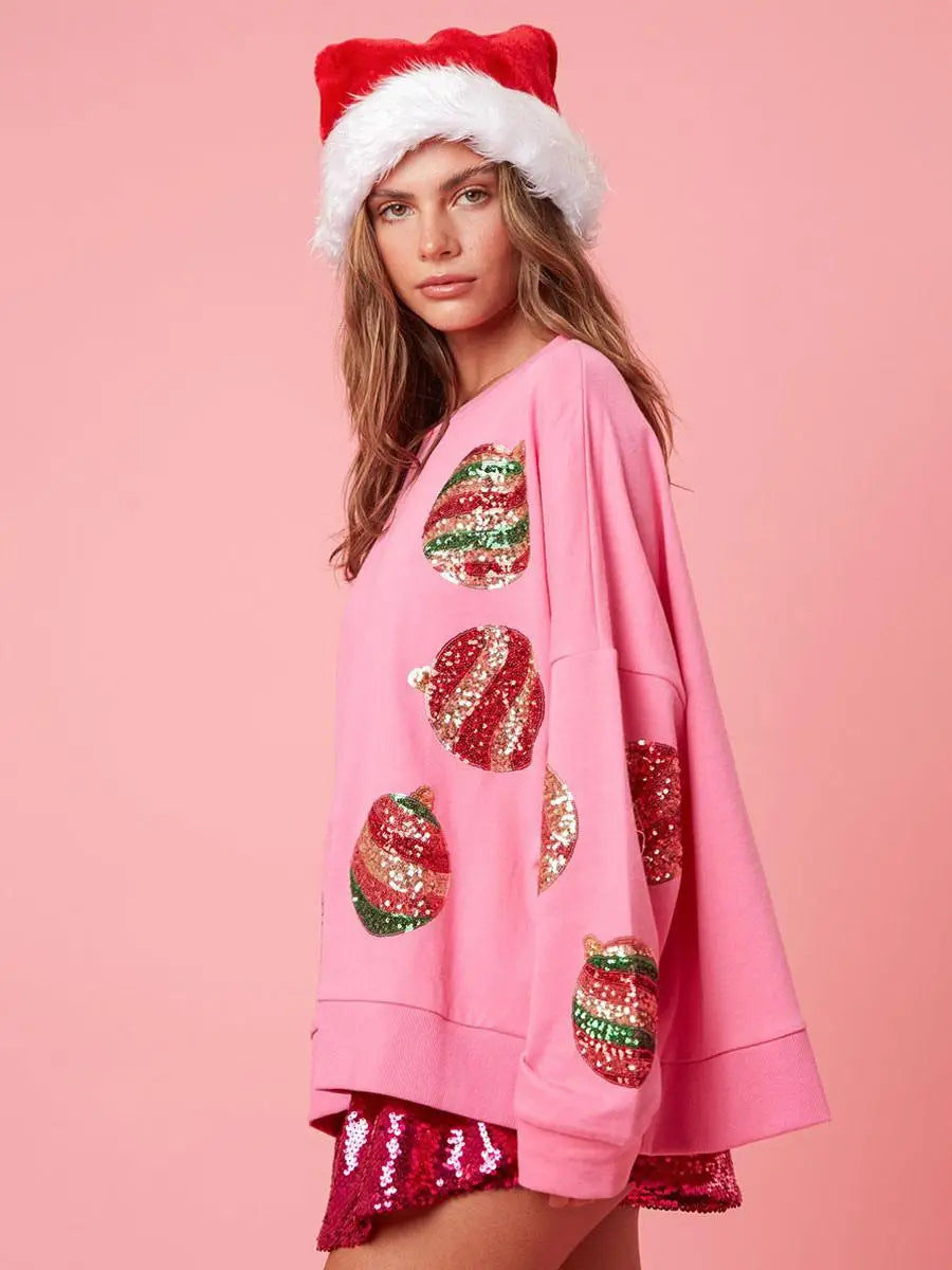Pink Sequin Christmas Ornament Sweatshirt