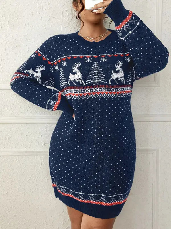 Christmas Snowflake Reindeer Knit Dress – Cozy Cute & Festively Chic
