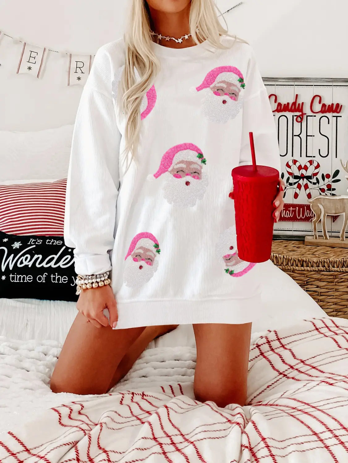 Pink Santa Faces Christmas Long Sleeve