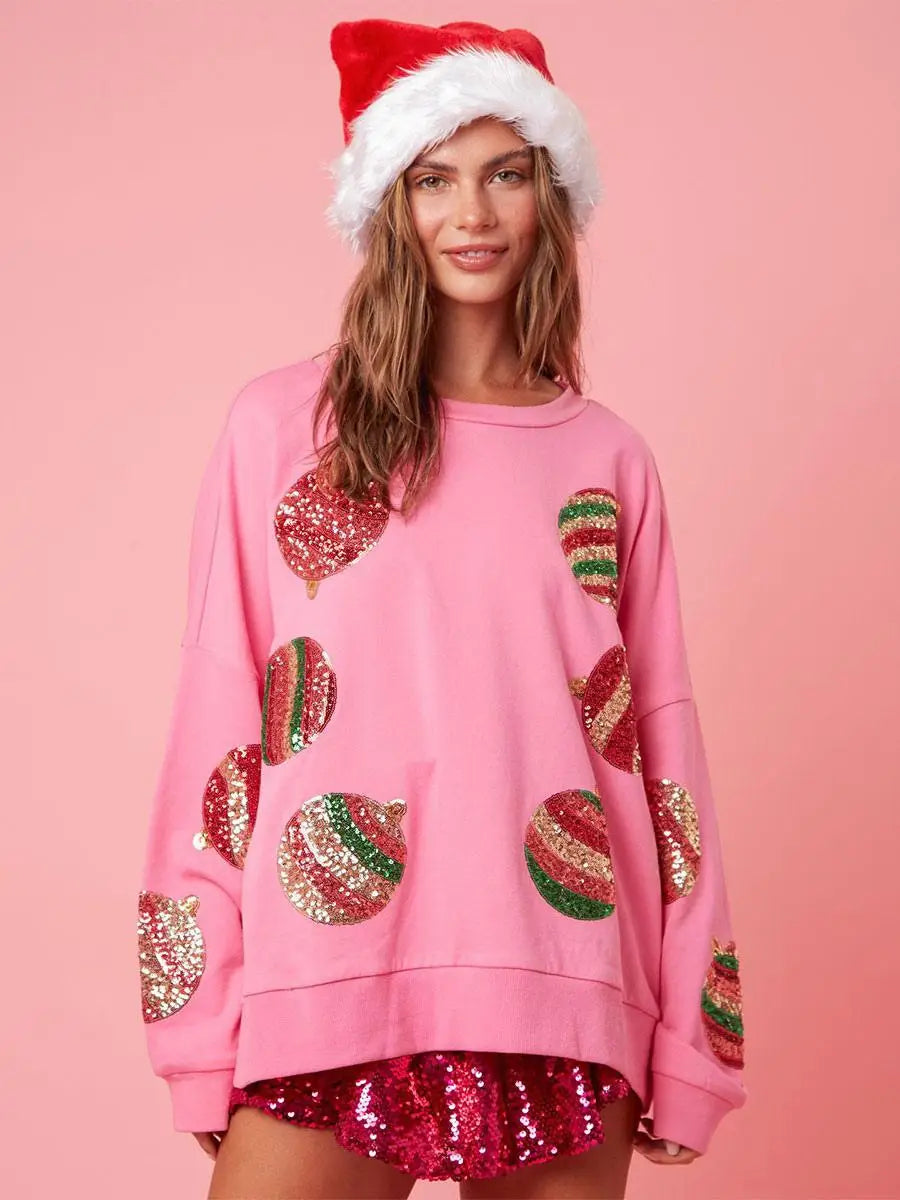 Pink Sequin Christmas Ornament Sweatshirt