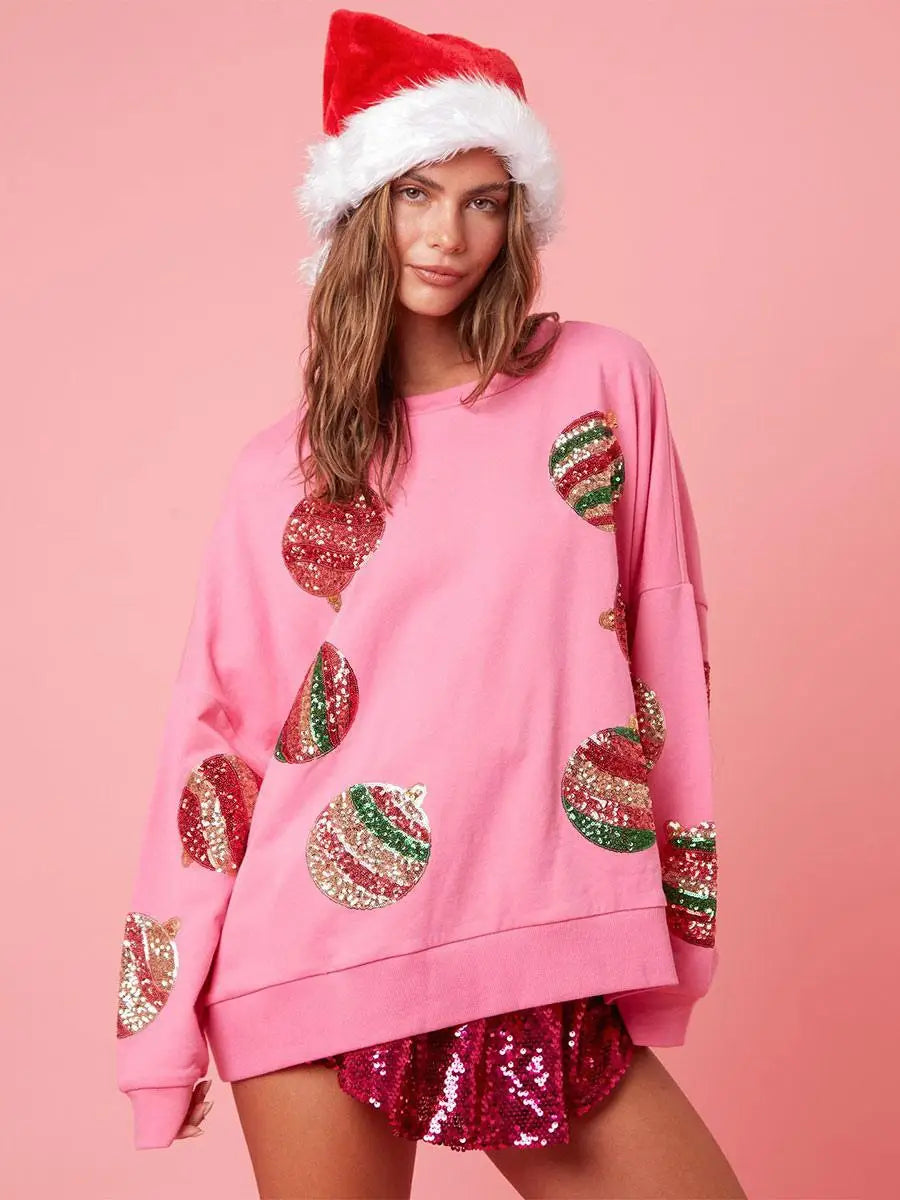Pink Sequin Christmas Ornament Sweatshirt