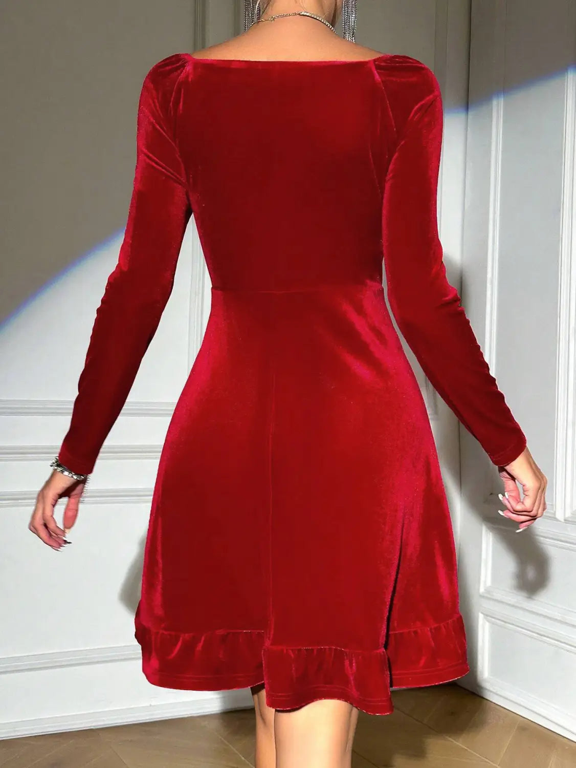 Velvet Red Long Sleeve Ruffle Dress