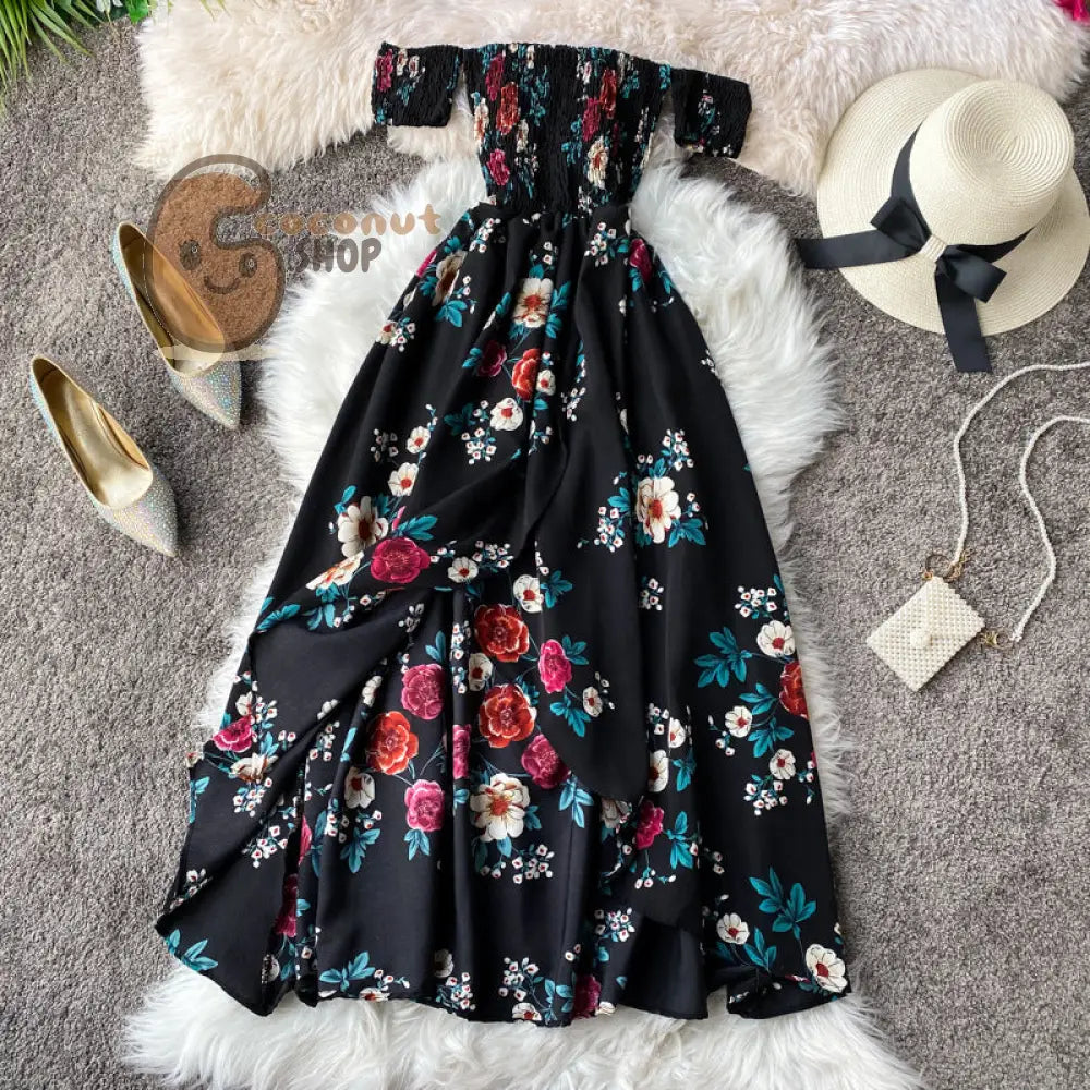 Beautiful Bohemian Floral Long Dress - Black