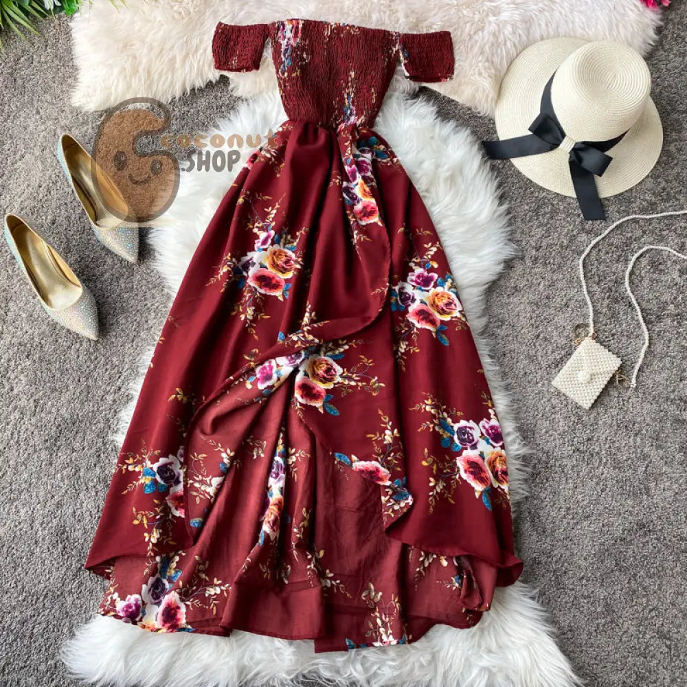 Beautiful Bohemian Floral Long Dress - Wine Red