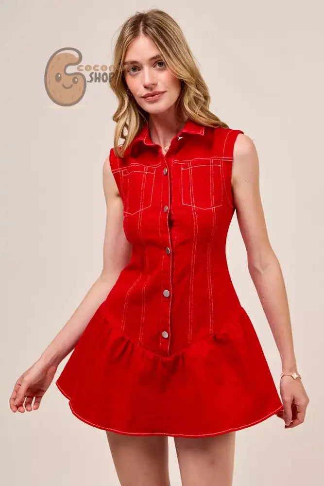 BEautiful Button Down Sleeveless Collared Mini Dress