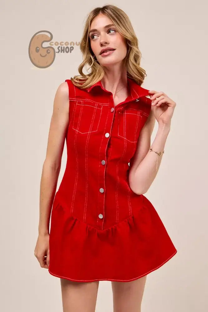 BEautiful Button Down Sleeveless Collared Mini Dress