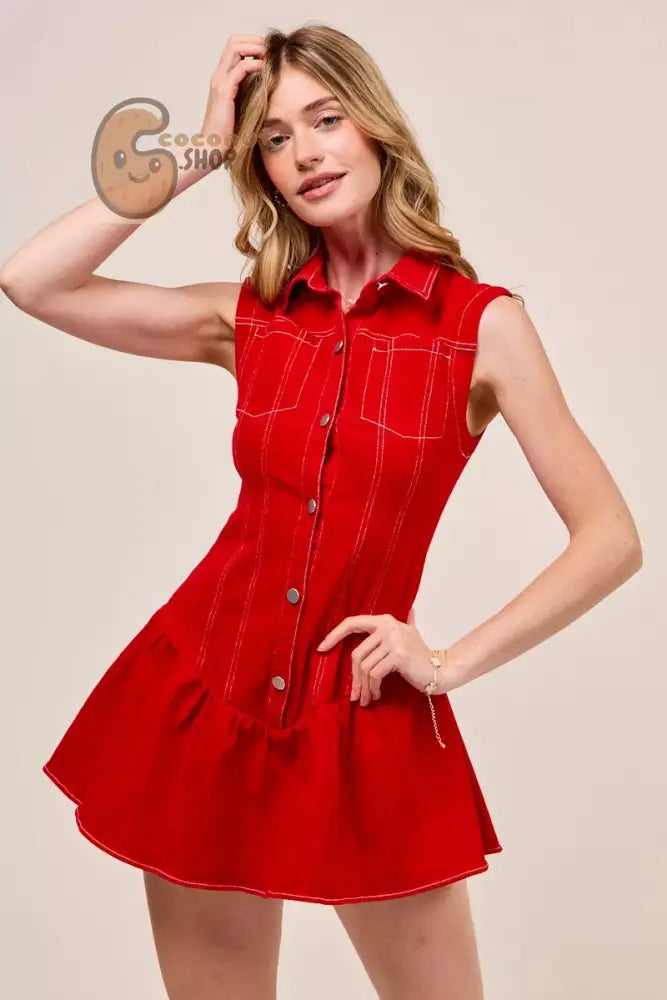 BEautiful Button Down Sleeveless Collared Mini Dress