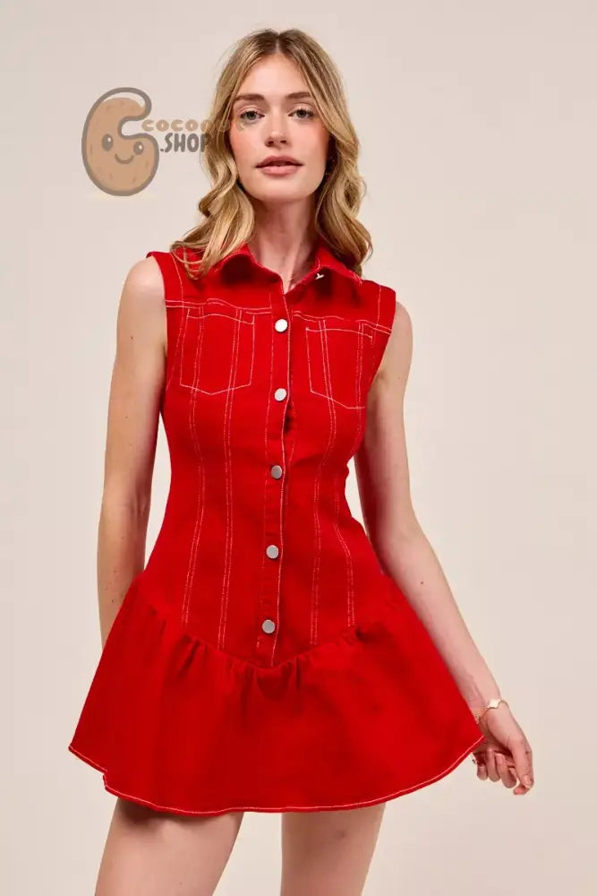 BEautiful Button Down Sleeveless Collared Mini Dress