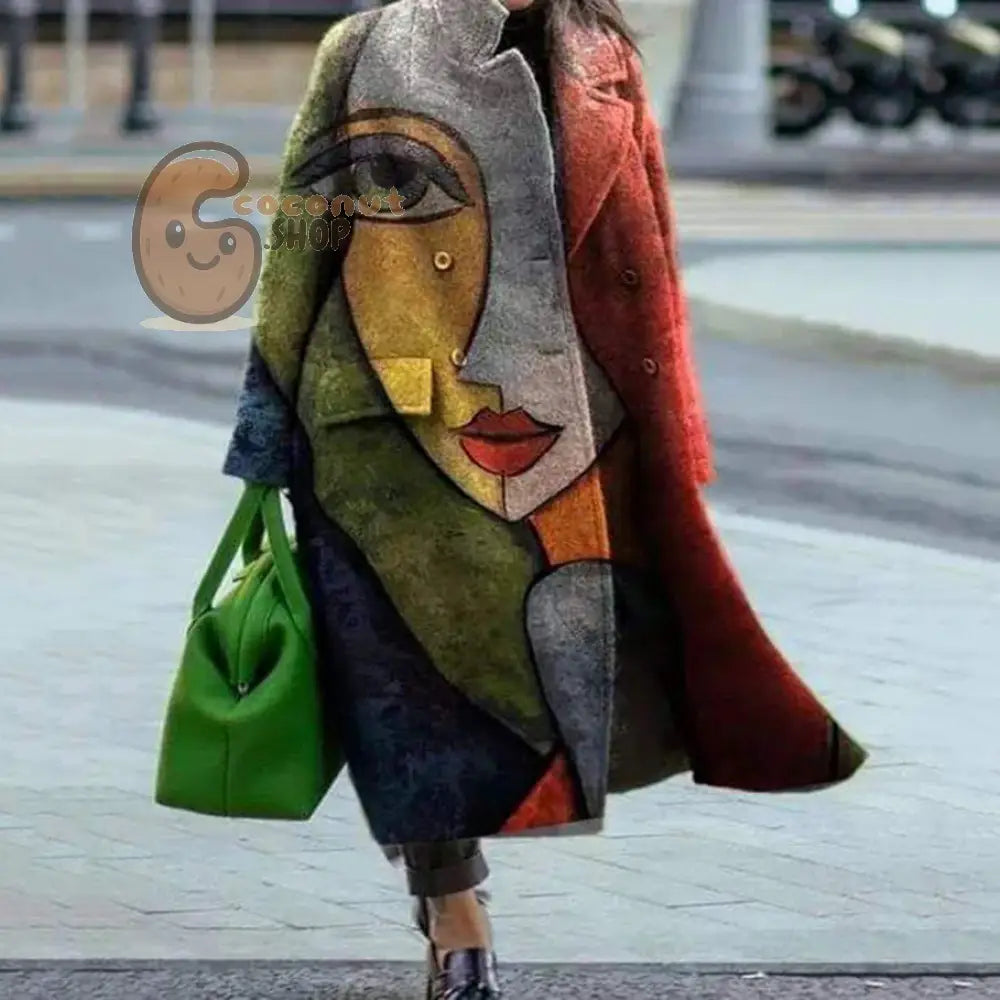 Beautiful Long Sleeve Lapel Printed Woolen Coat - Brown Abstraction / S