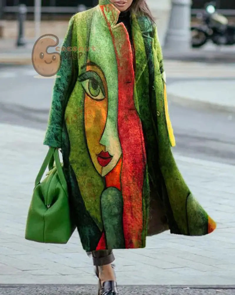 Beautiful Long Sleeve Lapel Printed Woolen Coat - Green Abstraction / S