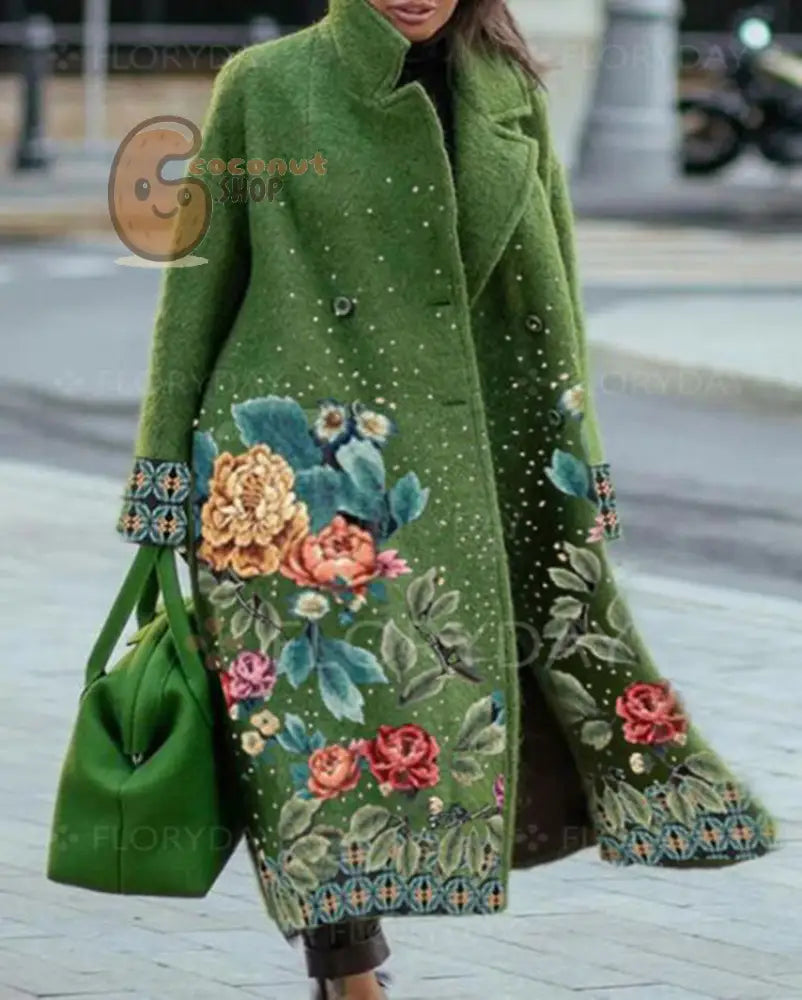 Beautiful Long Sleeve Lapel Printed Woolen Coat - Green Print Flower / S
