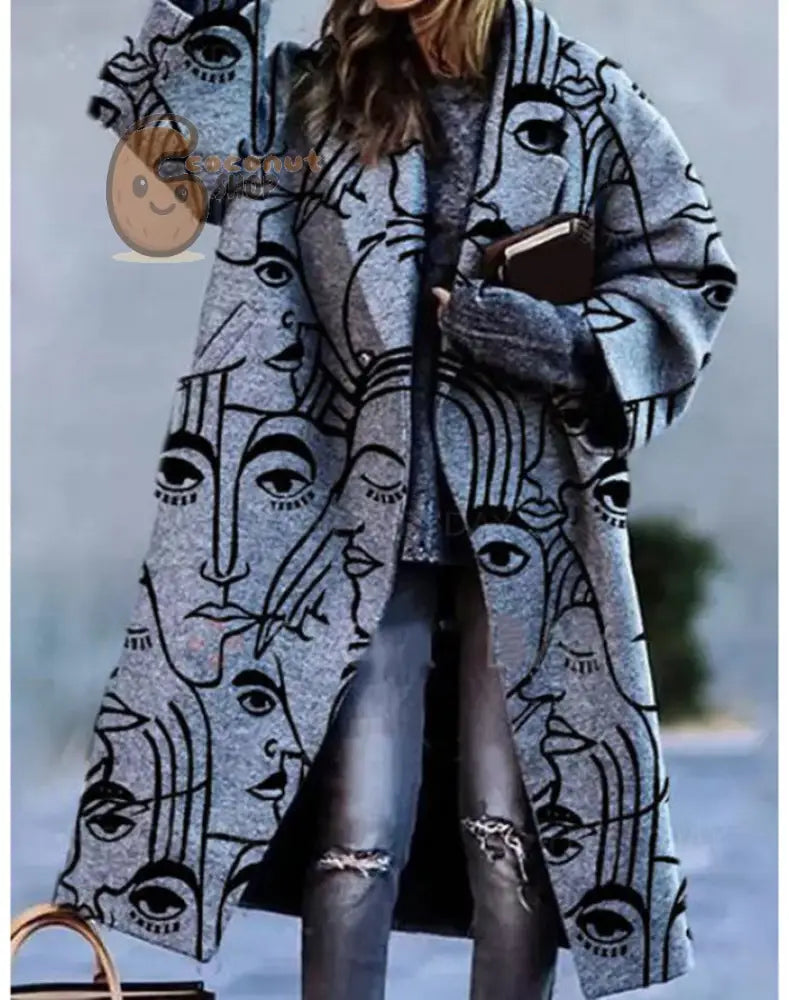 Beautiful Long Sleeve Lapel Printed Woolen Coat - Grey Abstraction / S