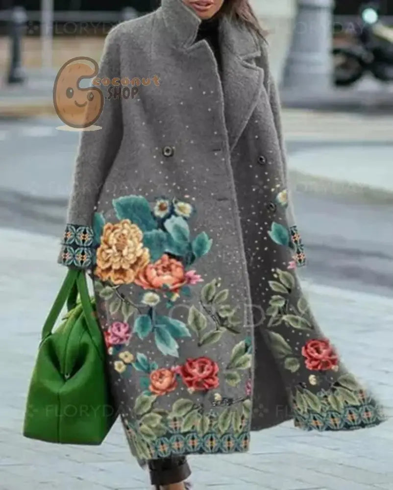 Beautiful Long Sleeve Lapel Printed Woolen Coat - Grey Print Flower / S