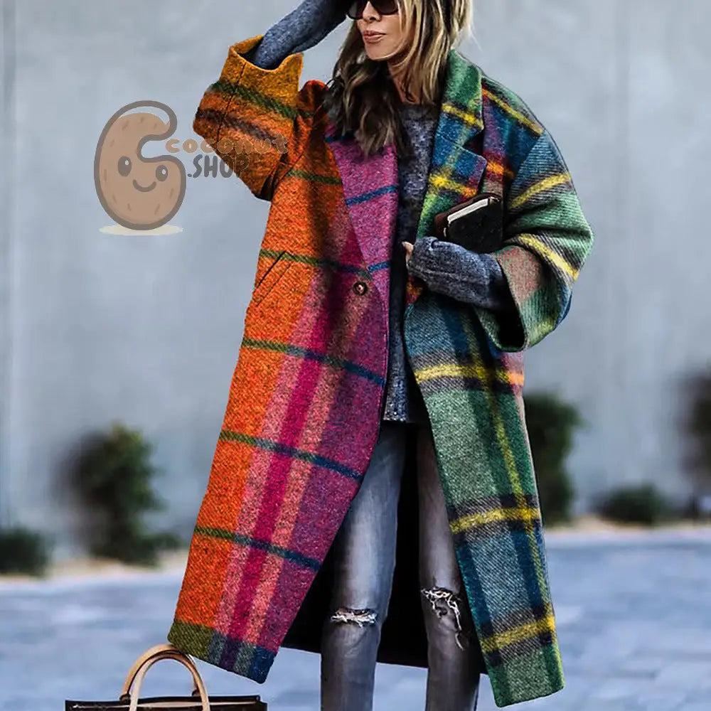Beautiful Long Sleeve Lapel Printed Woolen Coat - Lattice / S