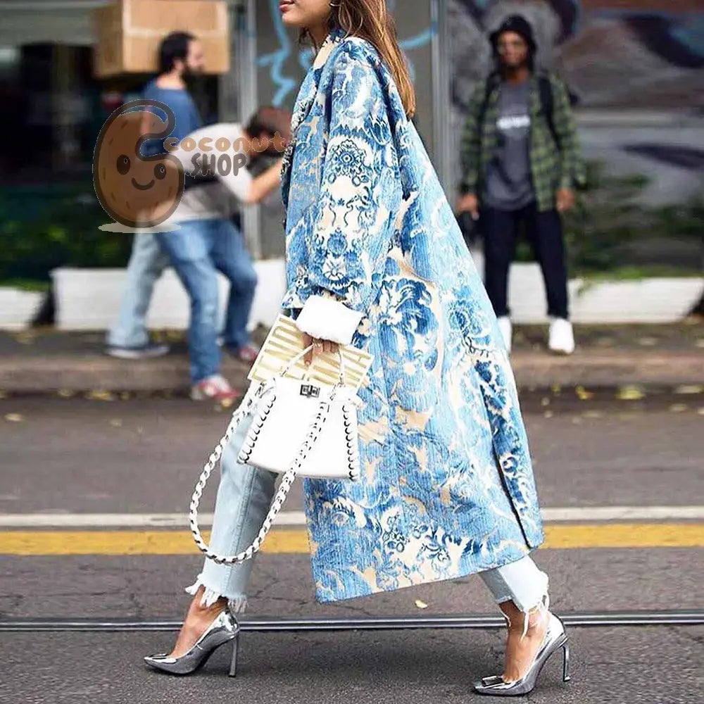 Beautiful Long Sleeve Lapel Printed Woolen Coat - Light Blue Print Flower / S