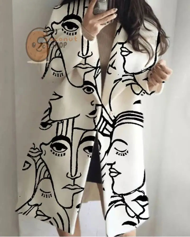 Beautiful Long Sleeve Lapel Printed Woolen Coat - White Abstraction / S
