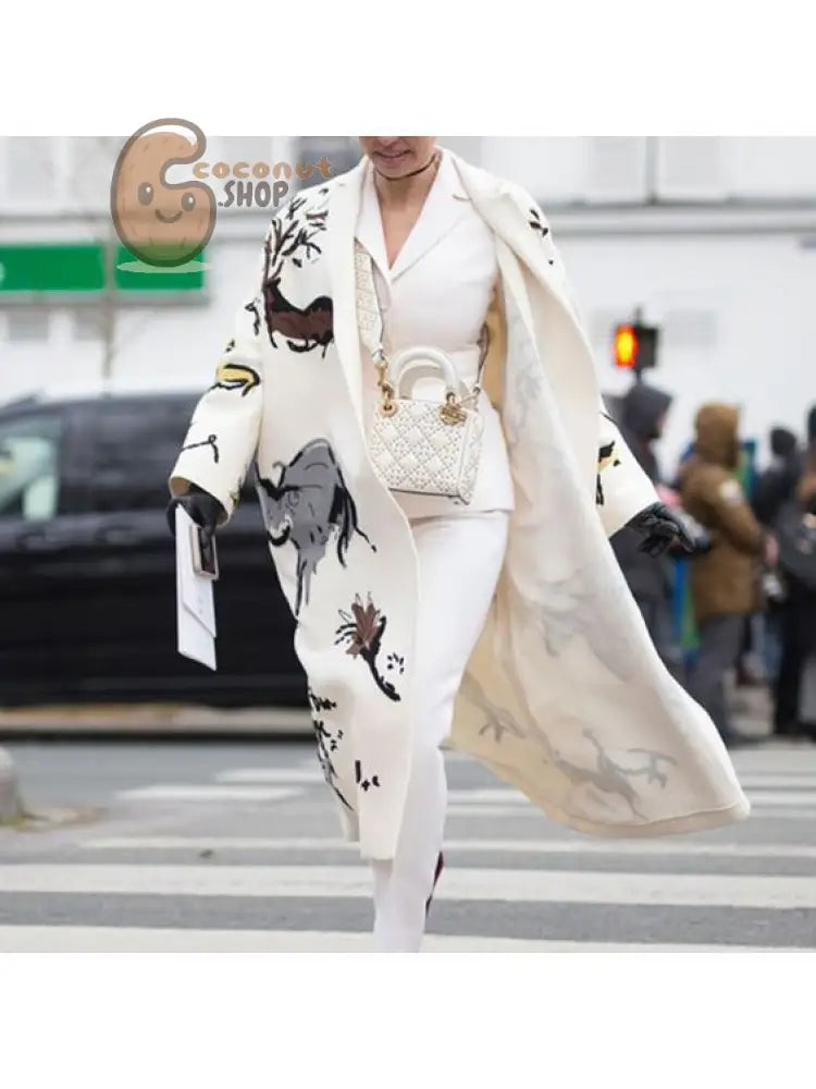 Beautiful Long Sleeve Lapel Printed Woolen Coat - White Print Flower / S