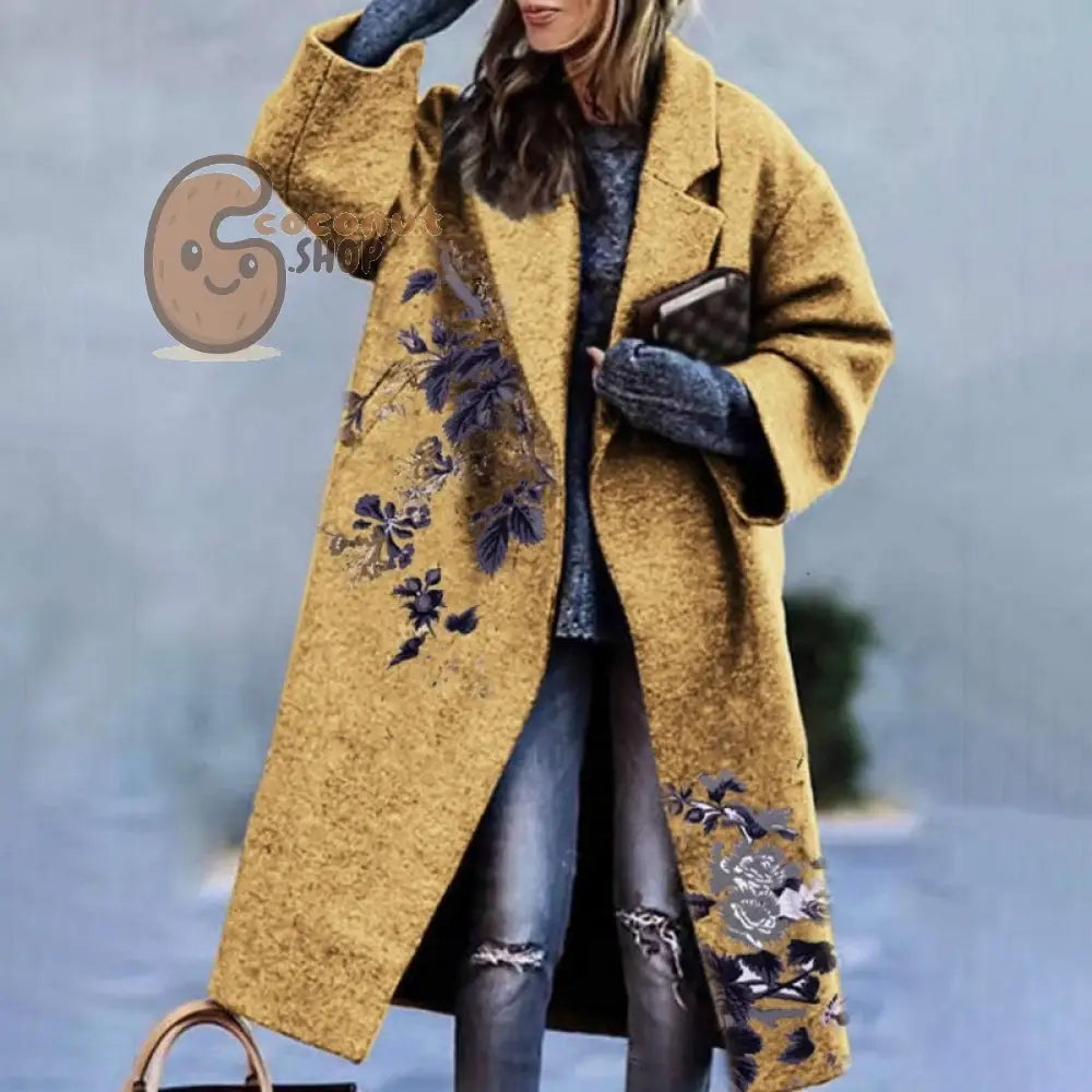 Beautiful Long Sleeve Lapel Printed Woolen Coat - Yellow / S