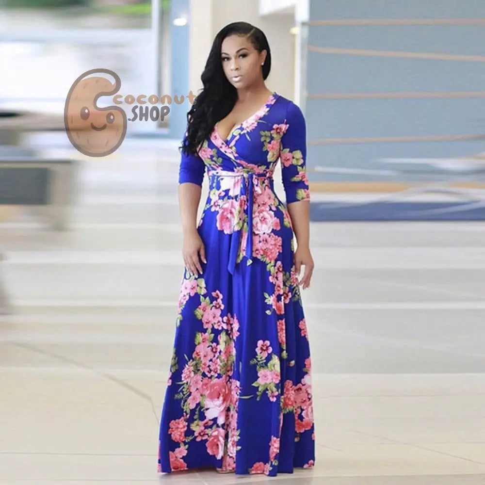 Boho Floral Long Dress - Blue / S