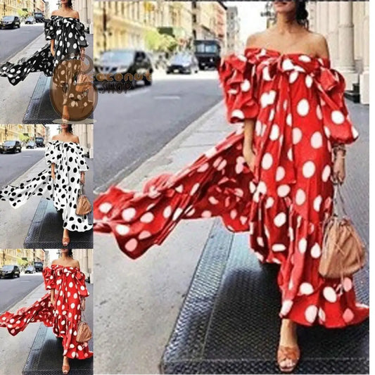 Boho Off Shoulder Polka Dot Casual Maxi Dress