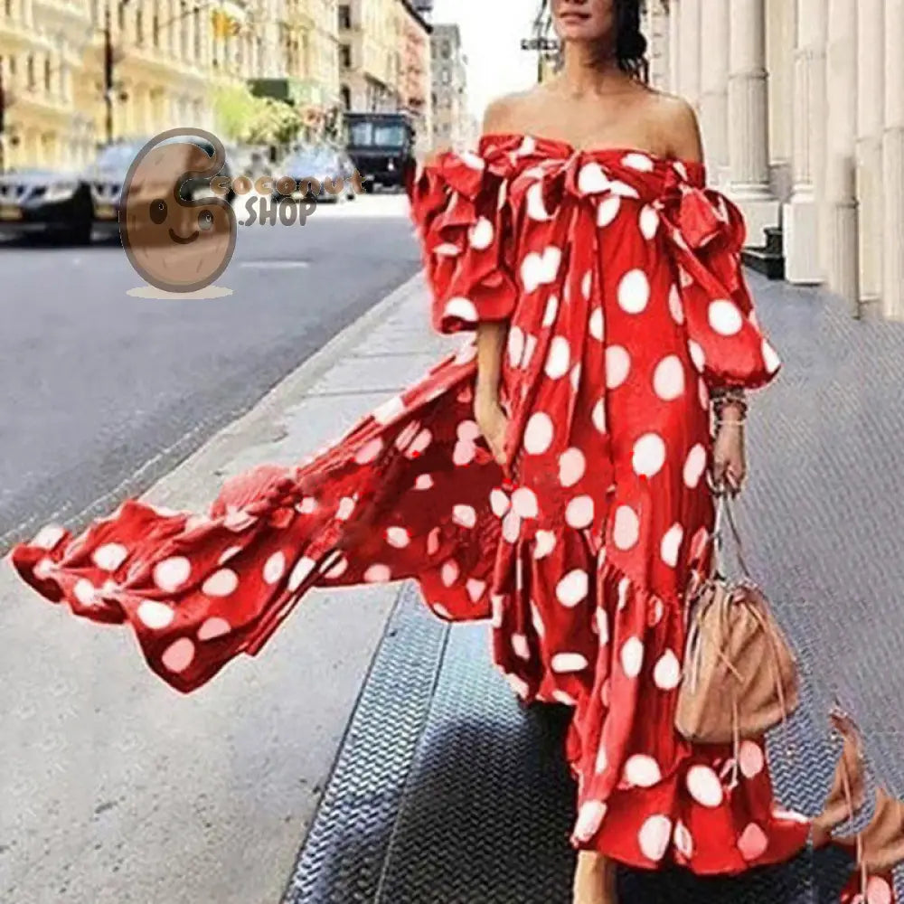 Boho Off Shoulder Polka Dot Casual Maxi Dress - red / S